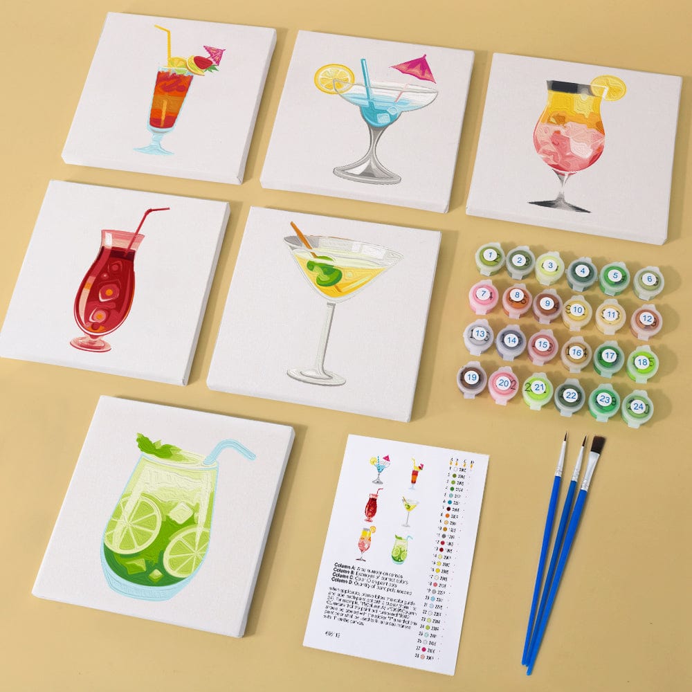 ColourMost™ Mini Paint by Numbers Series #05: 'Summer Drinks' - 6-in-1 Set (6"x6" / 15x15cm)