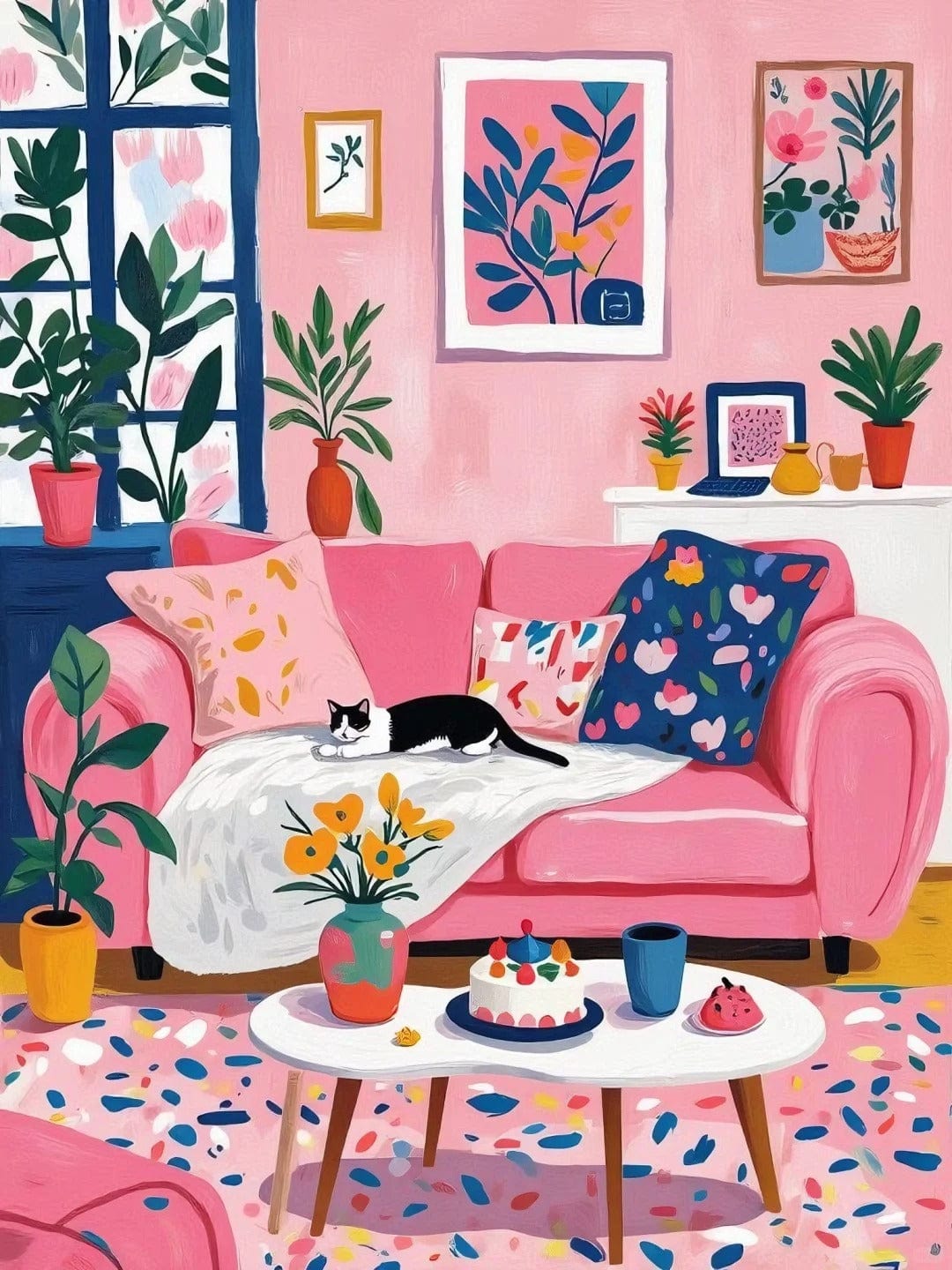 Cozy in Pink – Paint by Numbers Kit for Adults | Colorful Cat-Inspired DIY for Joyful Interiors