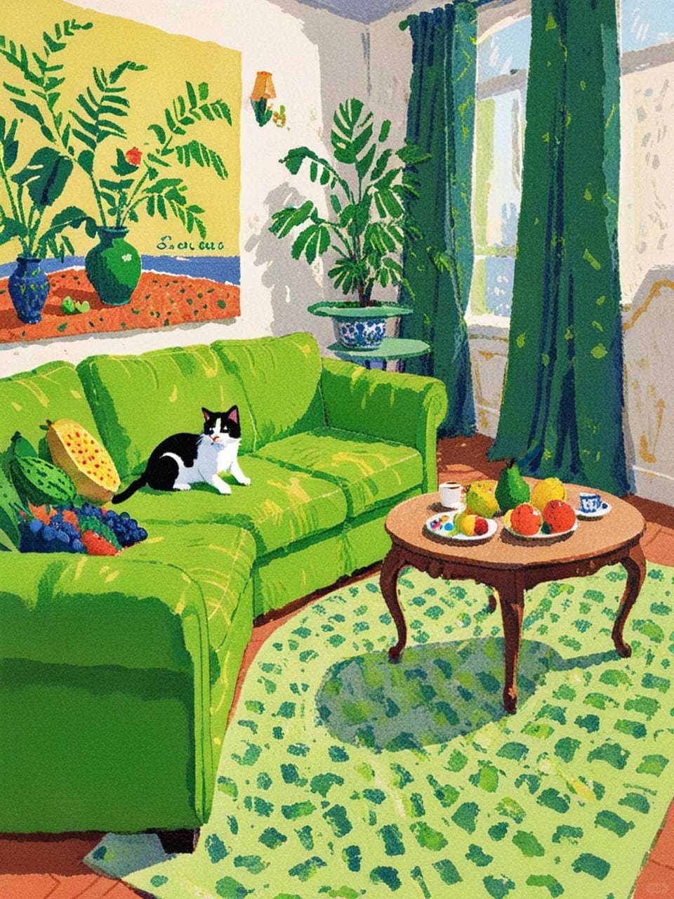 Green Living – Paint by Numbers Kit for Adults | Cozy Interior DIY for Calm, Cats & Color