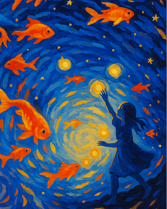 Starfish Dreams – Paint by Numbers Kit for Adults | Surreal Fantasy DIY with Fish, Girl & Night Sky