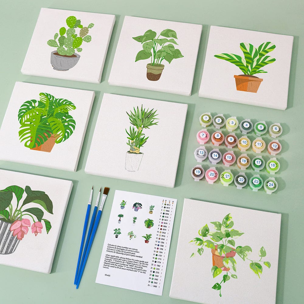ColourMost™ Mini Paint by Numbers Series #01: 'Green Plants' - 9-in-1 Set (6"x6" / 15x15cm)