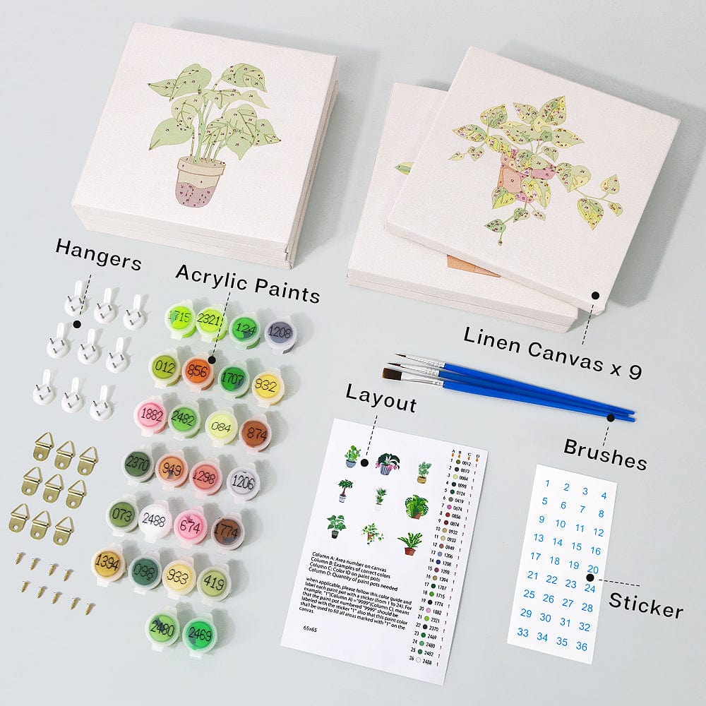 ColourMost™ Mini Paint by Numbers Series #01: 'Green Plants' - 9-in-1 Set (6"x6" / 15x15cm)