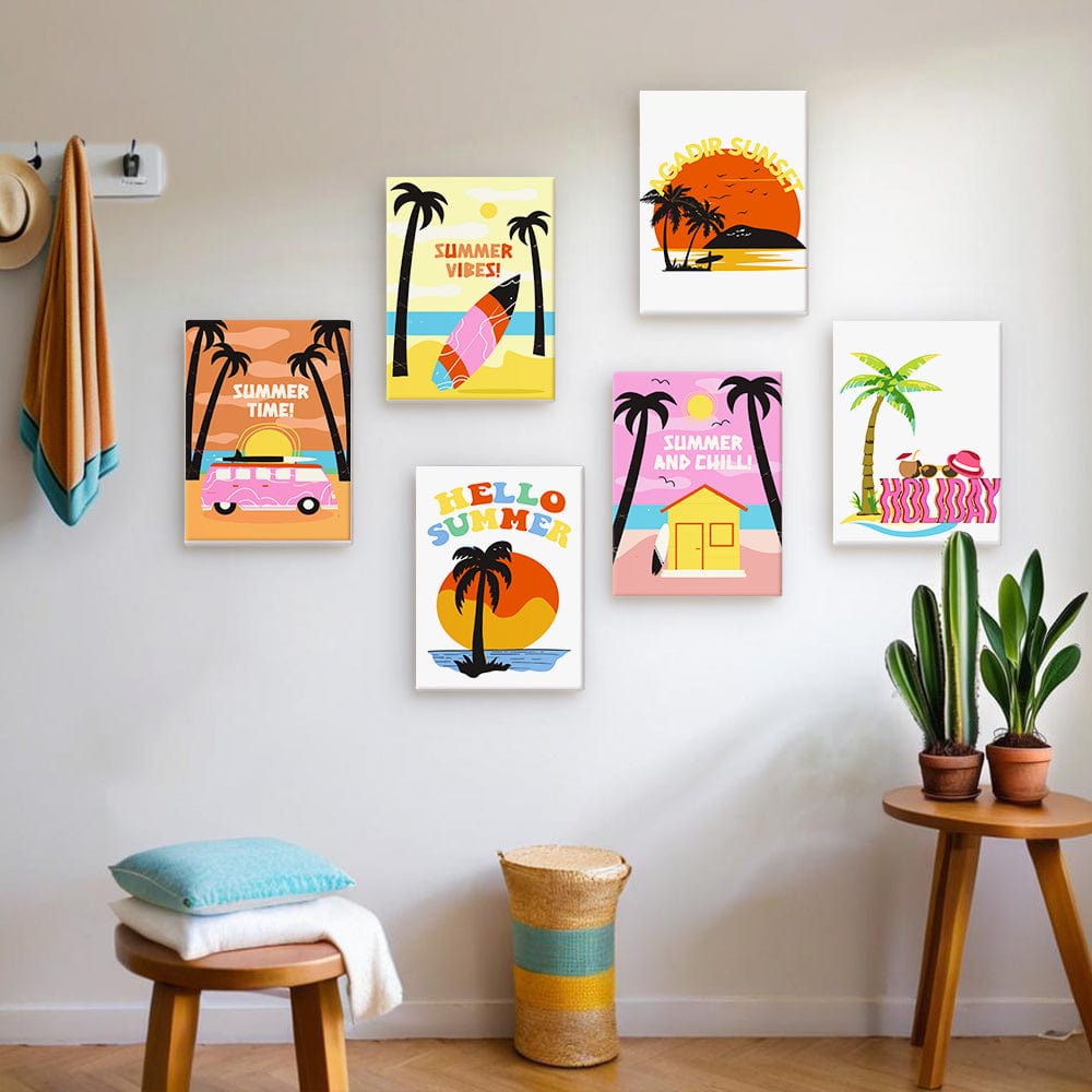 6 Mini Paintings – Retro Summer Vibes Set (5.9” x 7.9” / 15 x 20 cm)