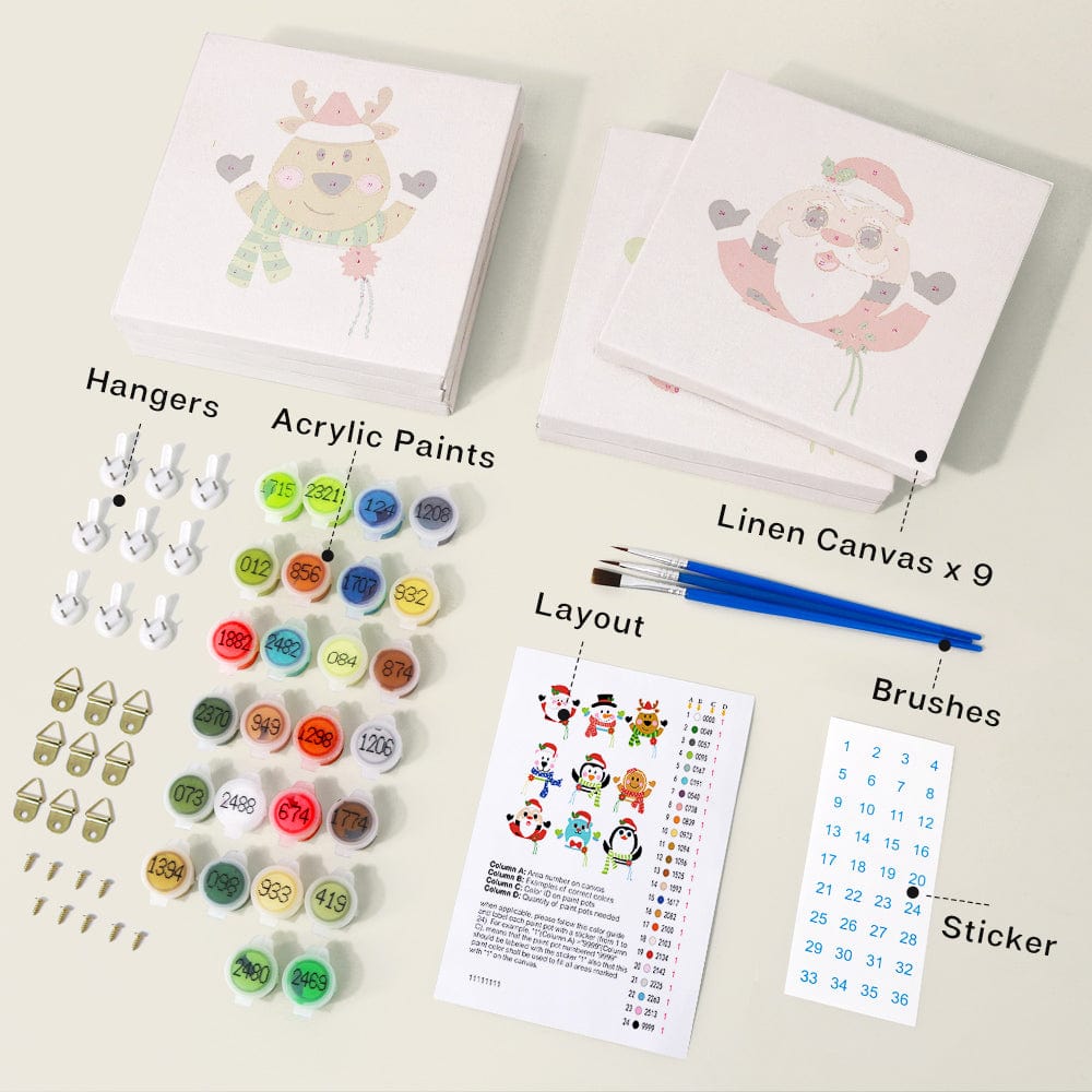 ColourMost™ Mini Paint by Numbers Series #04: 'Christmas' - 9-in-1 Set (6"x6" / 15x15cm)