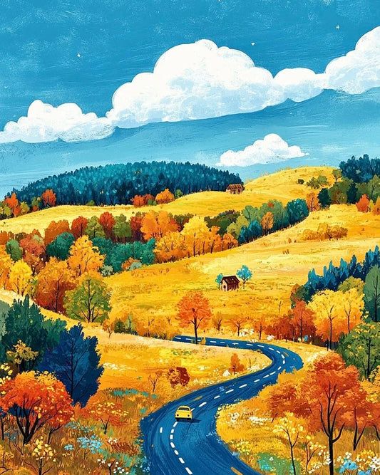 Golden Valley Drive – DIY Paint by Numbers Kit for Adults | Scenic Road & Autumn Charm