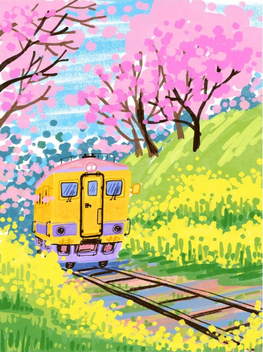 Spring Train – Paint by Numbers Kit for Adults | Cherry Blossom DIY for Calm & Love