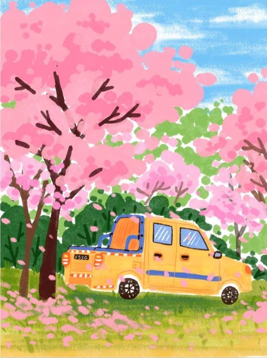 Spring Drive – Paint by Numbers Kit for Adults | Cherry Blossom DIY for Calm & Joy