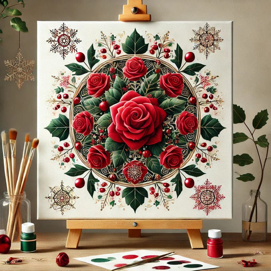 "Serenity Mandalas" Series - Christmas P22#30 - 'Red Roses' | Original 🎨 Paint by Numbers | 💎 Diamond Painting (16"x16" / 40x40cm)
