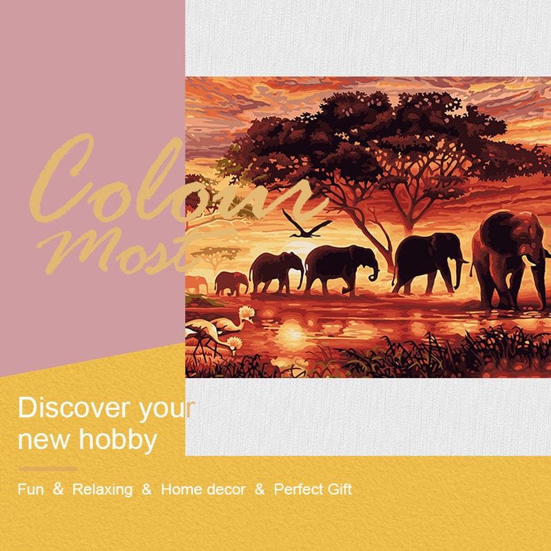 DIY Painting By Numbers - Elephants Landscape (16"x20" / 40x50cm)