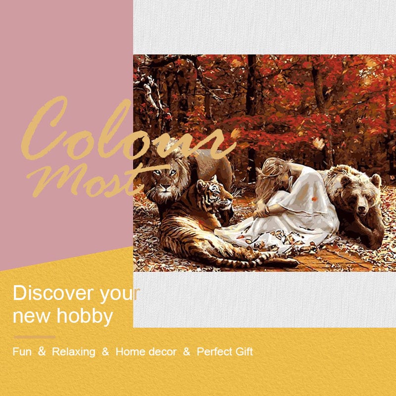 DIY Painting By Numbers - Lion, Tiger, Girl And Bear (16"x20" / 40x50cm)