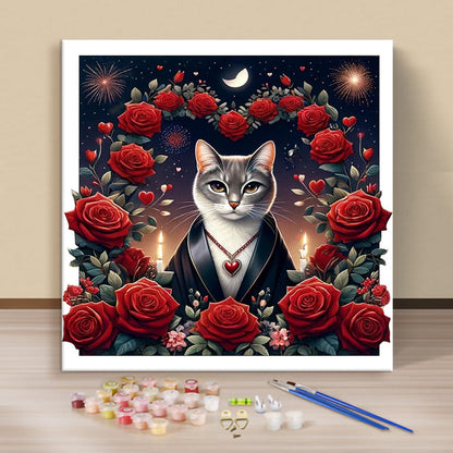 'Cat's Rose Haven' by ColourMost™ | Original Paint by Numbers (16"x16" / 40x40cm)