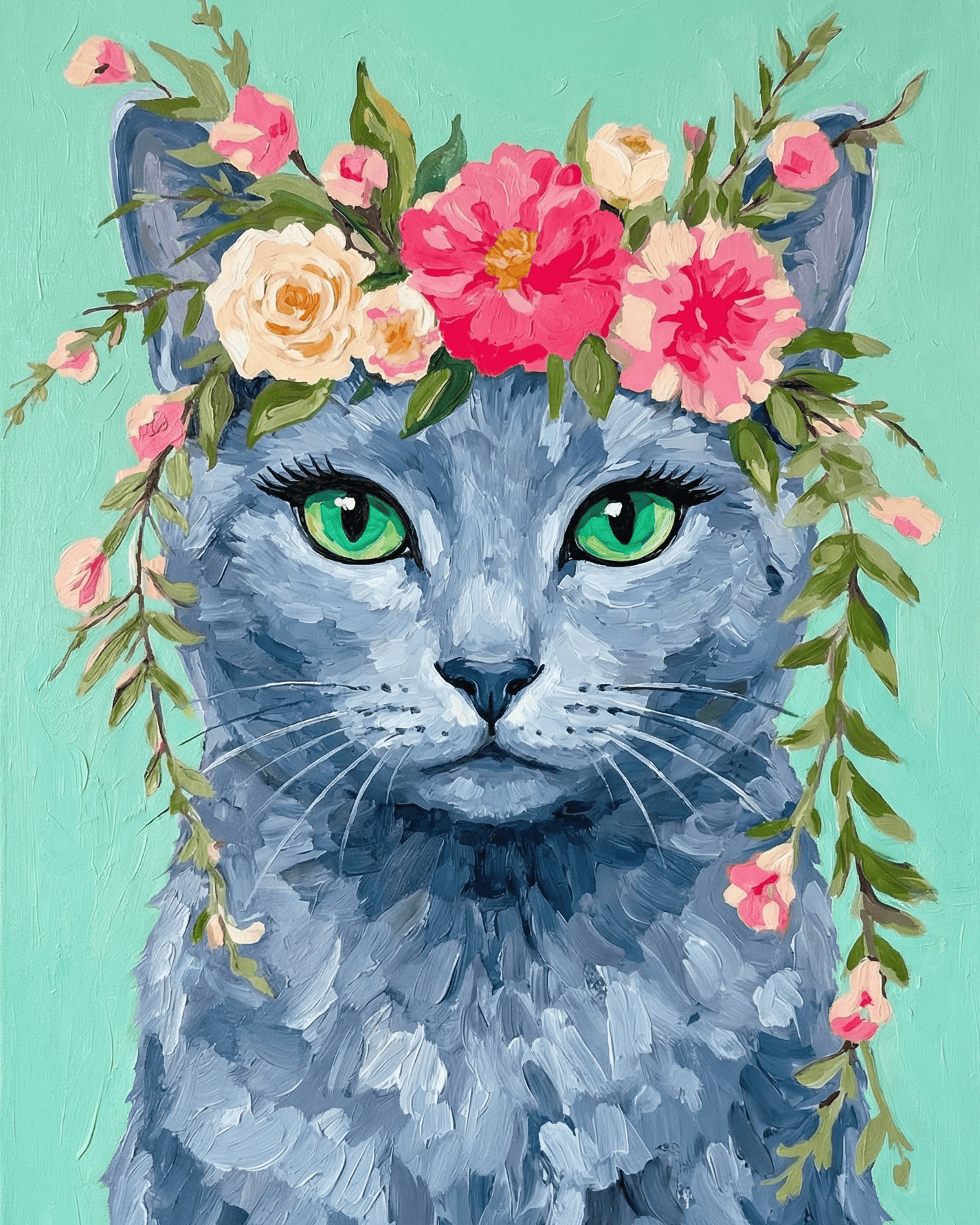 Russian Blue | "Blooming Pets" Original Paint by Numbers (16"x20" / 40x50cm)