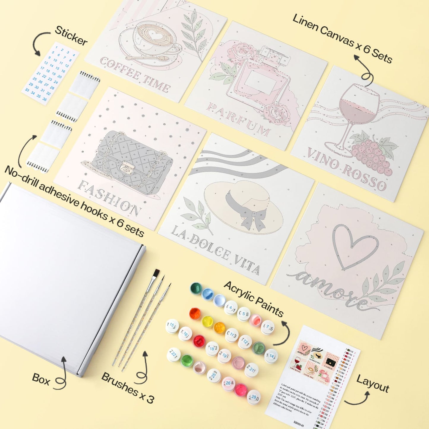 Mini Paint by Numbers Kit - Chic Moments ｜6 Canvas Panels
