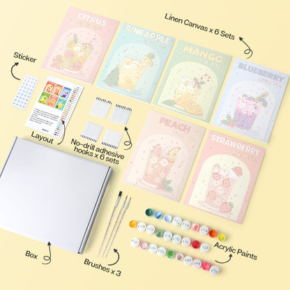 Mini Paint by Numbers Kit - Fruity Sips ｜6 Canvas Panels