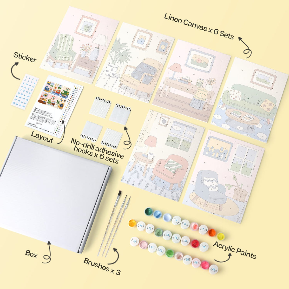 Mini Paint by Numbers Kit - Cozy Corners ｜6 Canvas Panels
