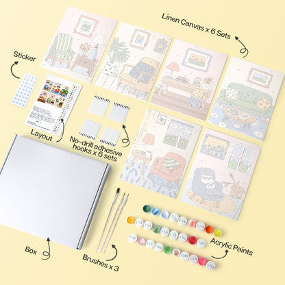 Mini Paint by Numbers Kit - Cozy Corners ｜6 Canvas Panels