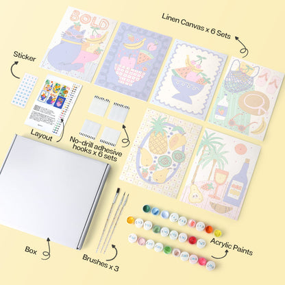 Mini Paint by Numbers Kit - Fruit & Fun ｜6 Canvas Panels