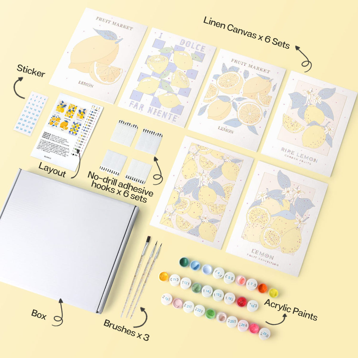 Mini Paint by Numbers Kit - Lemon Dolce ｜6 Canvas Panels