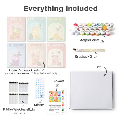 Mini Paint by Numbers Kit - Fruity Sips ｜6 Canvas Panels
