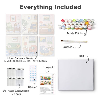 Mini Paint by Numbers Kit - Cozy Corners ｜6 Canvas Panels