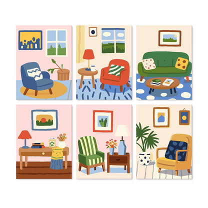 Mini Paint by Numbers Kit - Cozy Corners ｜6 Canvas Panels
