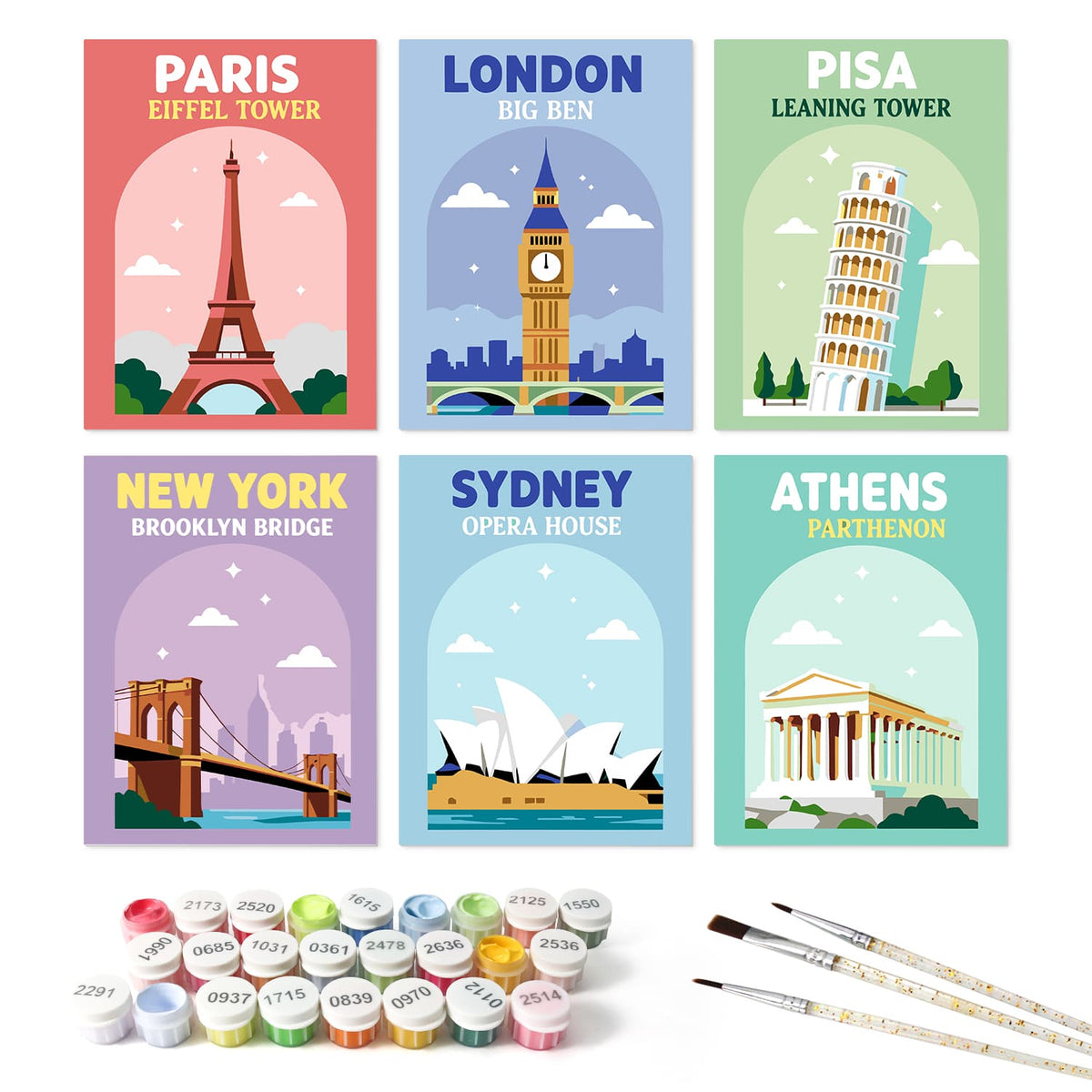 Mini Paint by Numbers Kit - Around the World ｜6 Canvas Panels