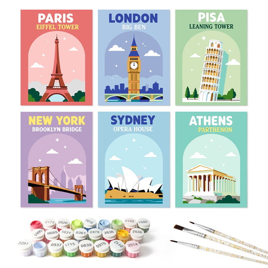 Mini Paint by Numbers Kit - Around the World ｜6 Canvas Panels