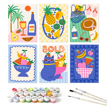 Mini Paint by Numbers Kit - Fruit & Fun ｜6 Canvas Panels