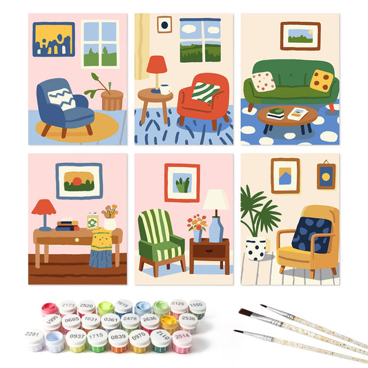 Mini Paint by Numbers Kit - Cozy Corners ｜6 Canvas Panels