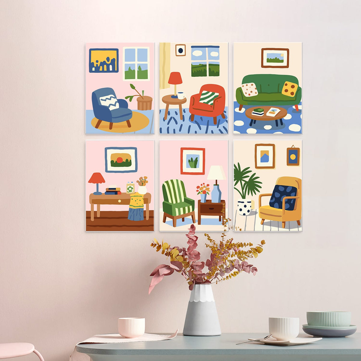 Mini Paint by Numbers Kit - Cozy Corners ｜6 Canvas Panels