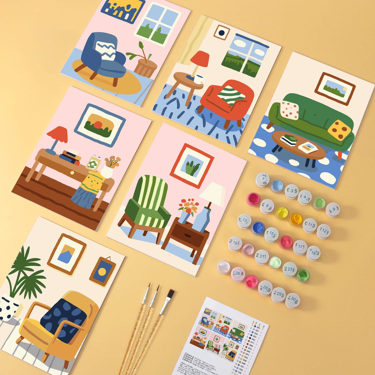 Mini Paint by Numbers Kit - Cozy Corners ｜6 Canvas Panels