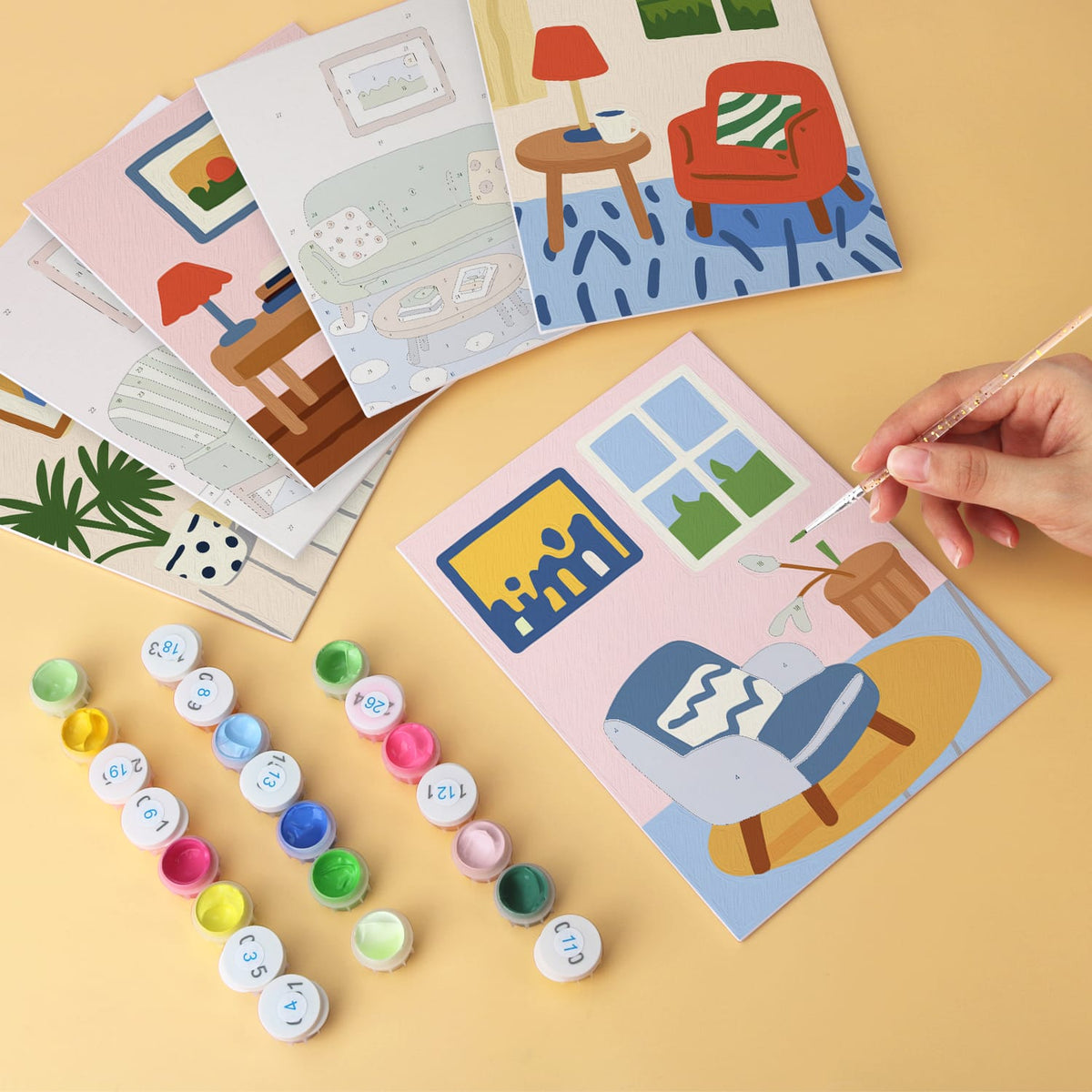 Mini Paint by Numbers Kit - Cozy Corners ｜6 Canvas Panels