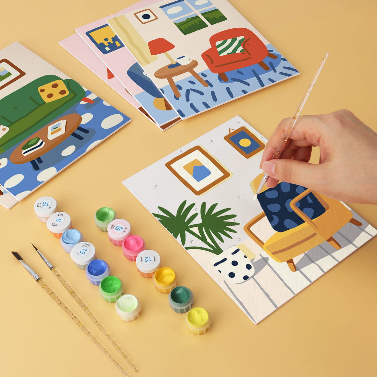 Mini Paint by Numbers Kit - Cozy Corners ｜6 Canvas Panels