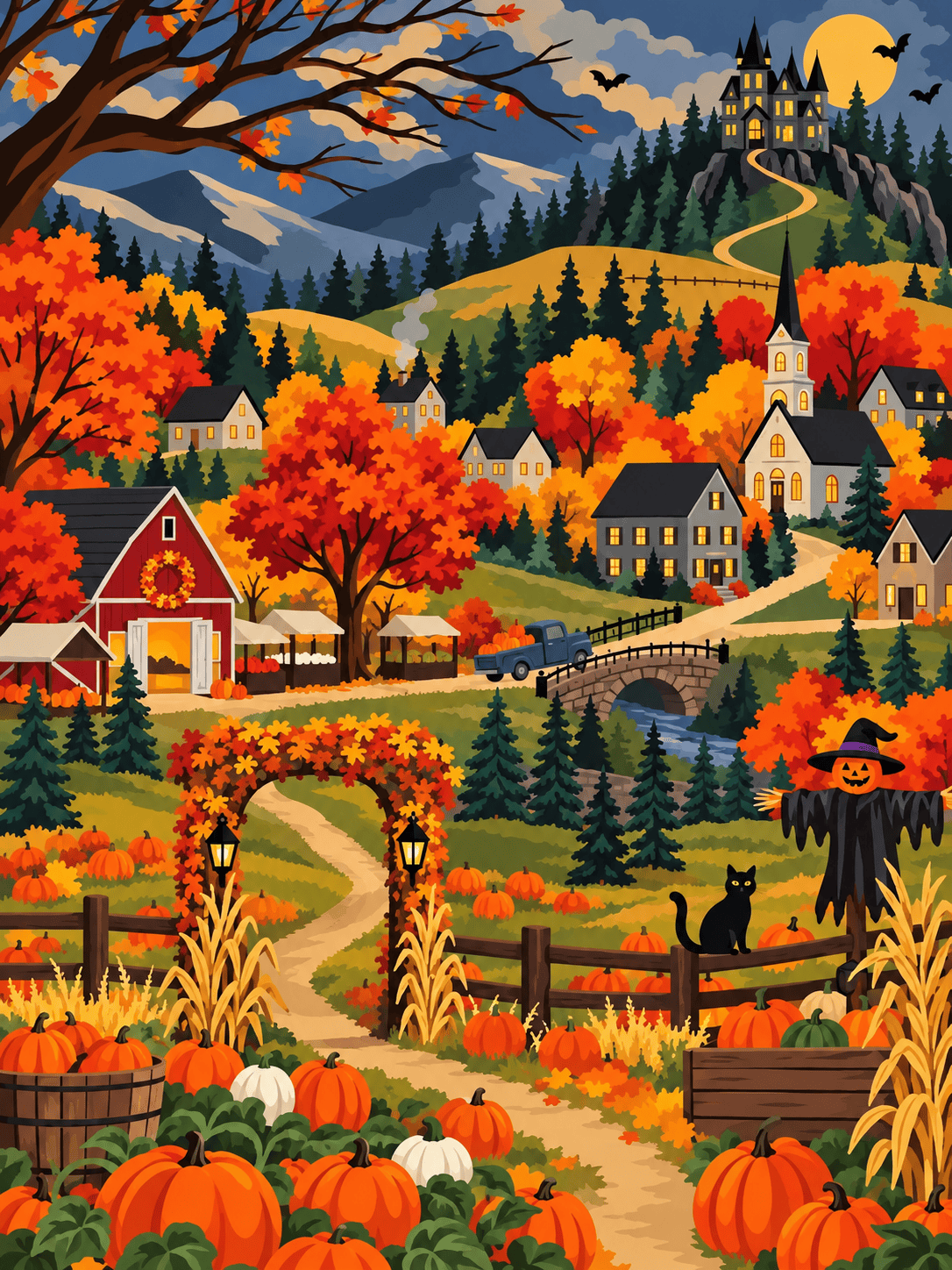 Moonlit Pumpkin Village | Paint by Numbers (16"x20" / 40x50cm)