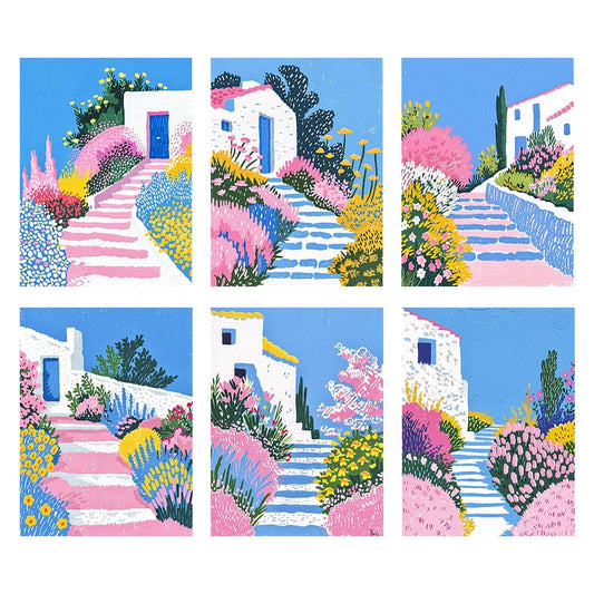 6 Mini Paintings – Mediterranean Garden Path Set (5.9” x 7.9” / 15 x 20 cm)