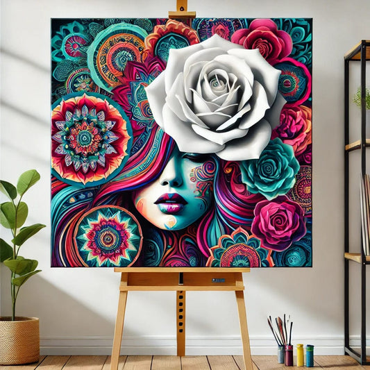 【New Arrival - 40% OFF】"Serenity Mandalas" Series - 'Bloom: White Rose Woman' P1203#15 | Original 🎨 Paint by Numbers | 💎 Diamond Painting (16"x16" / 40x40cm)