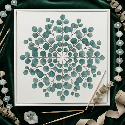 Botanical mandala kit with eucalyptus design on a dark green fabric background.