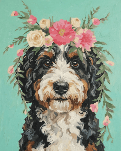 Painting of a bernedoodle with floral headband on a teal background