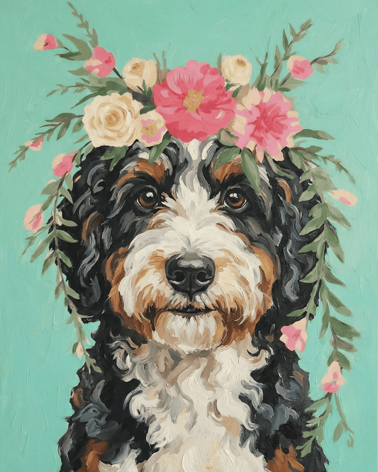 Painting of a bernedoodle with floral headband on a teal background