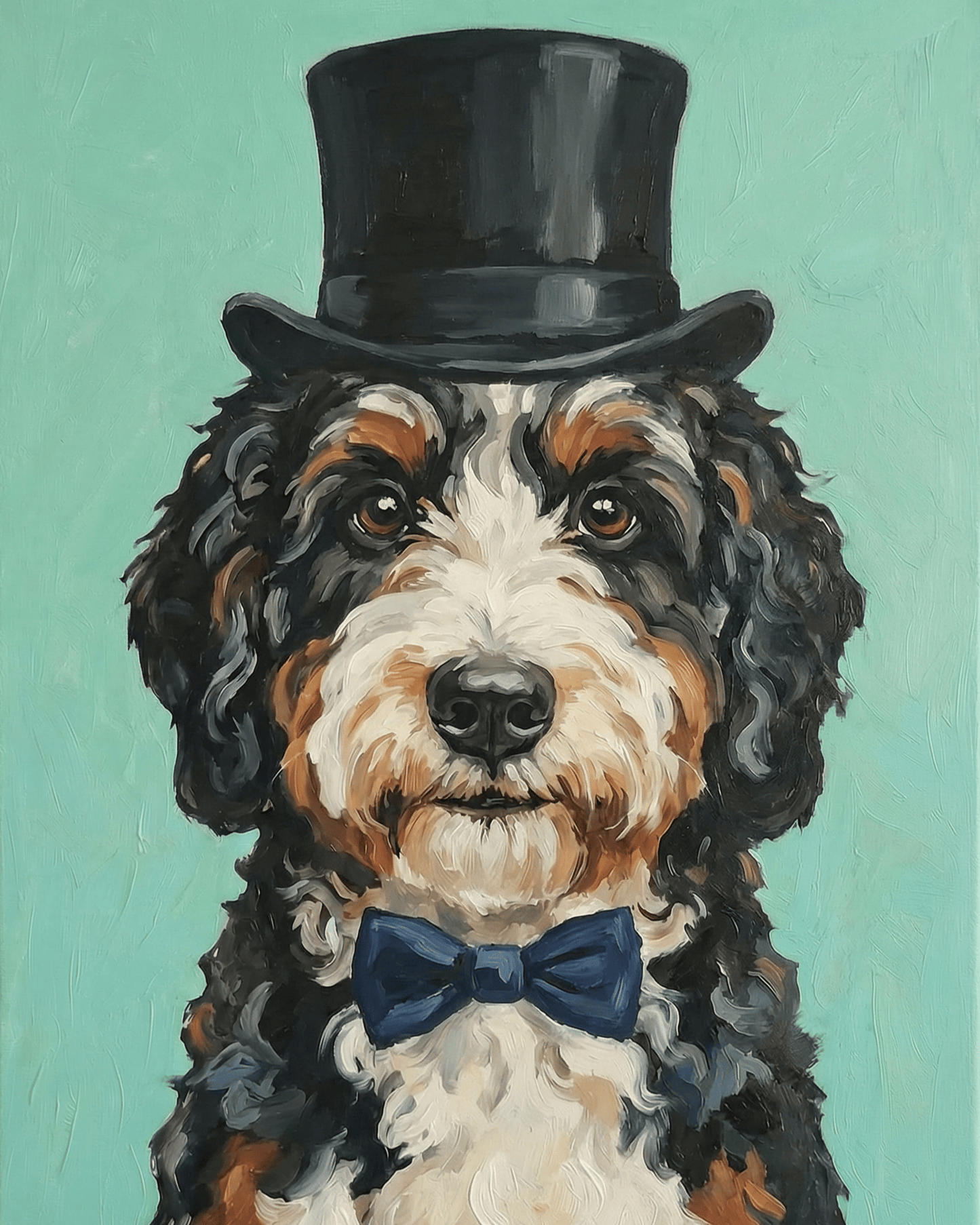 Painting of a bernedoodle wearing a top hat and bow tie on a teal background