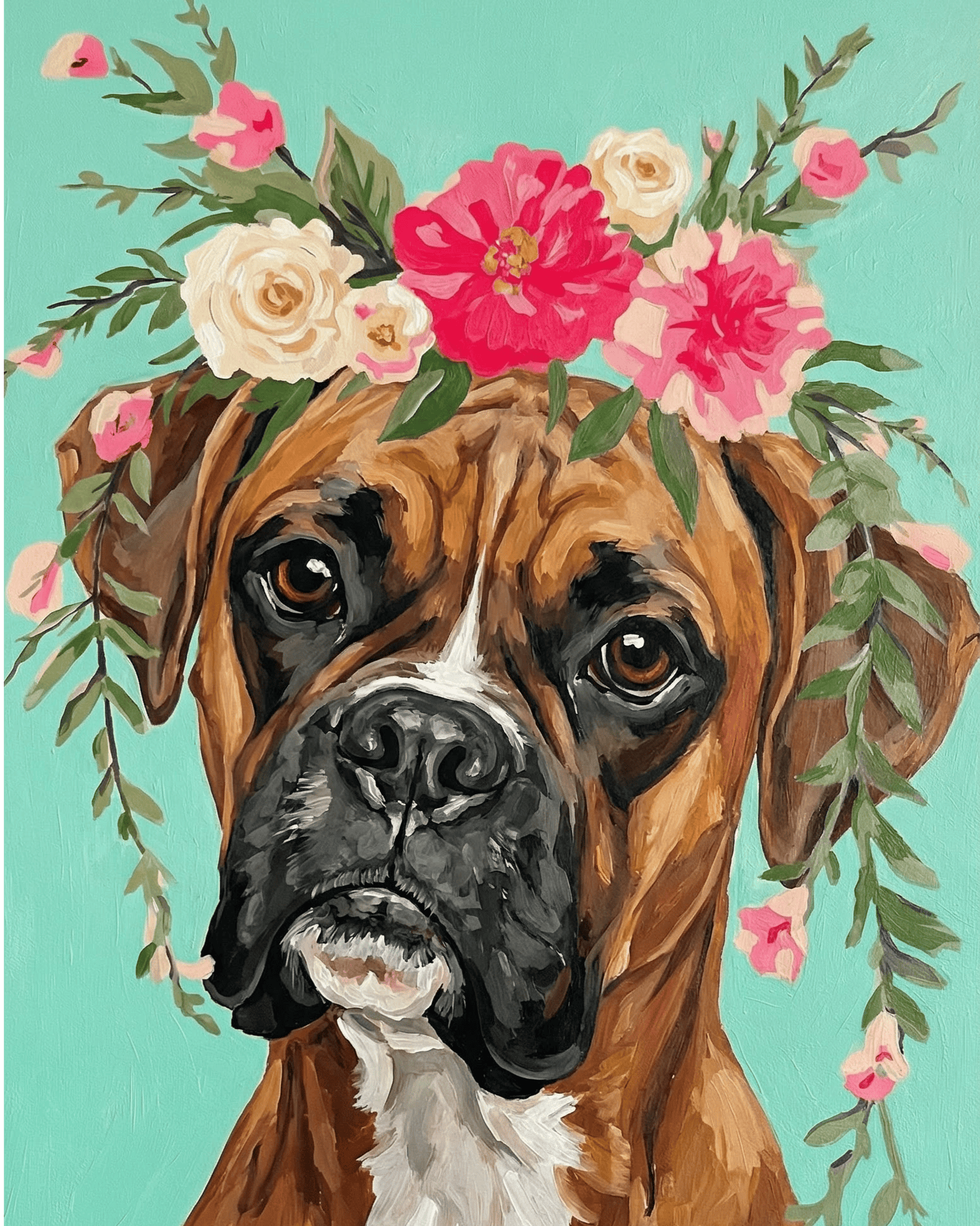 Boxer dog with floral crown on a teal background