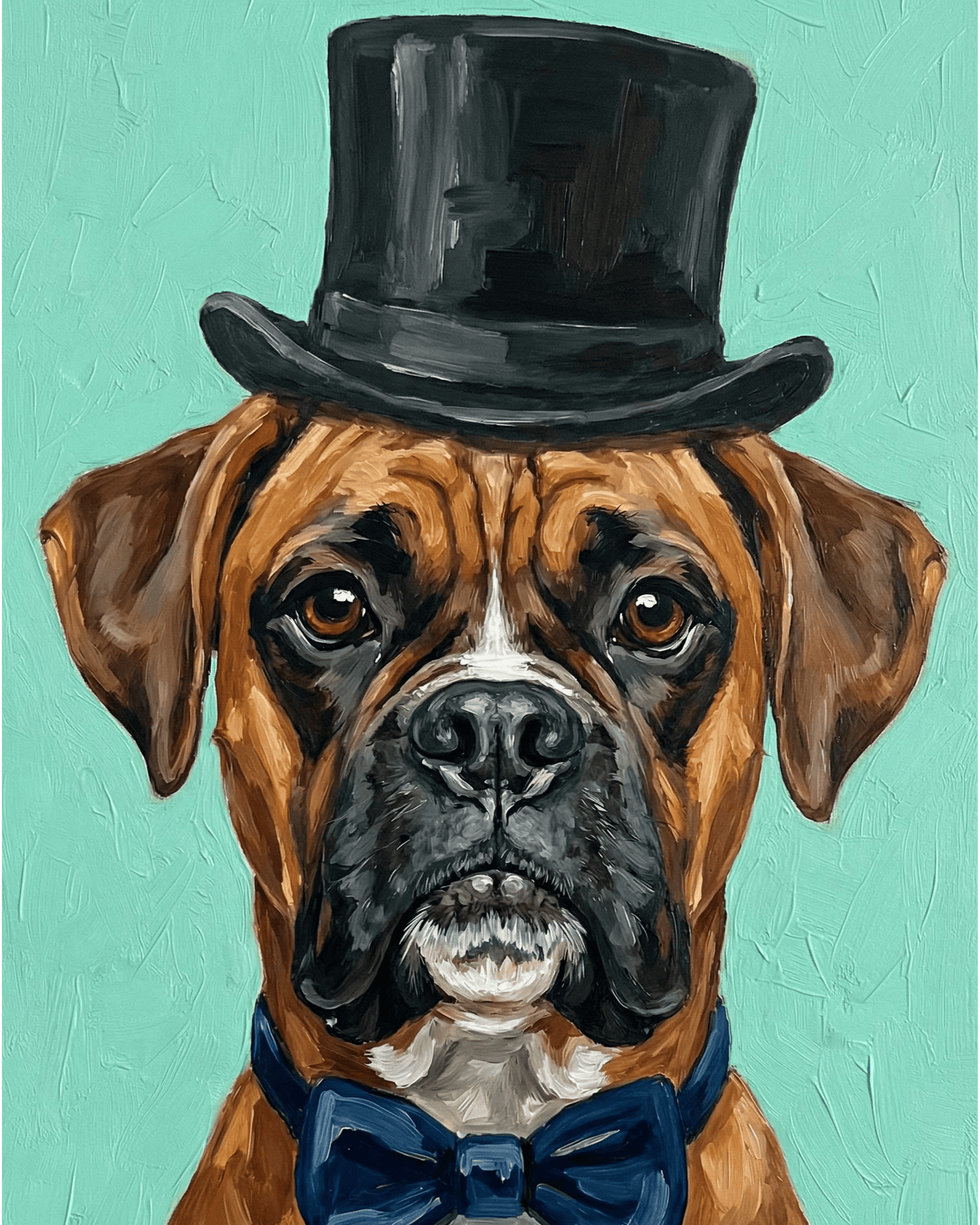 Dog wearing a black top hat and blue bow tie on a teal background