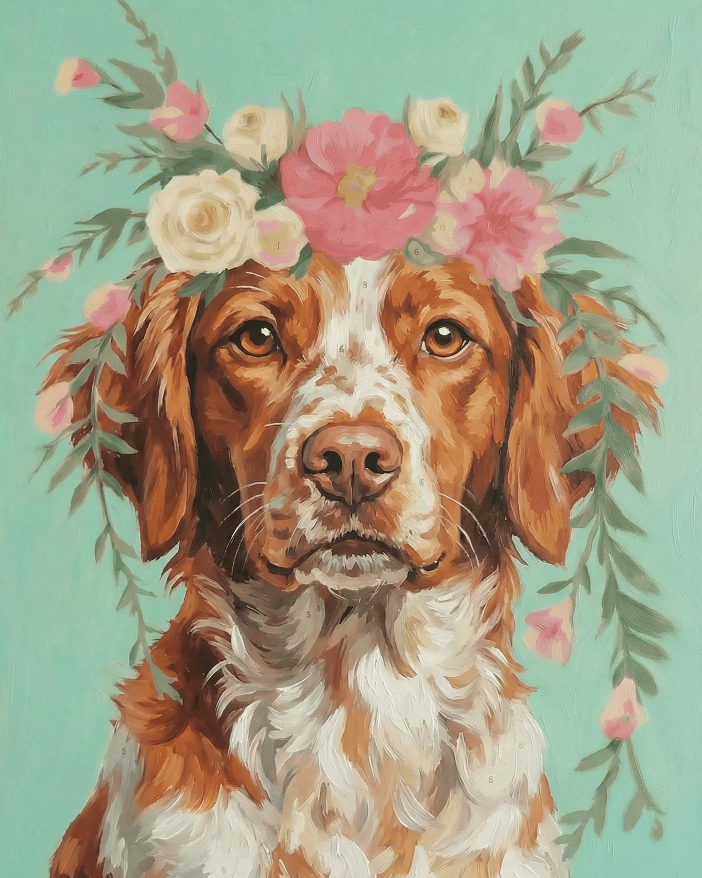 Painting of a brittany dog with floral headband on a teal background