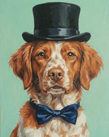Dog brittany wearing a black top hat and blue bow tie on a light green background