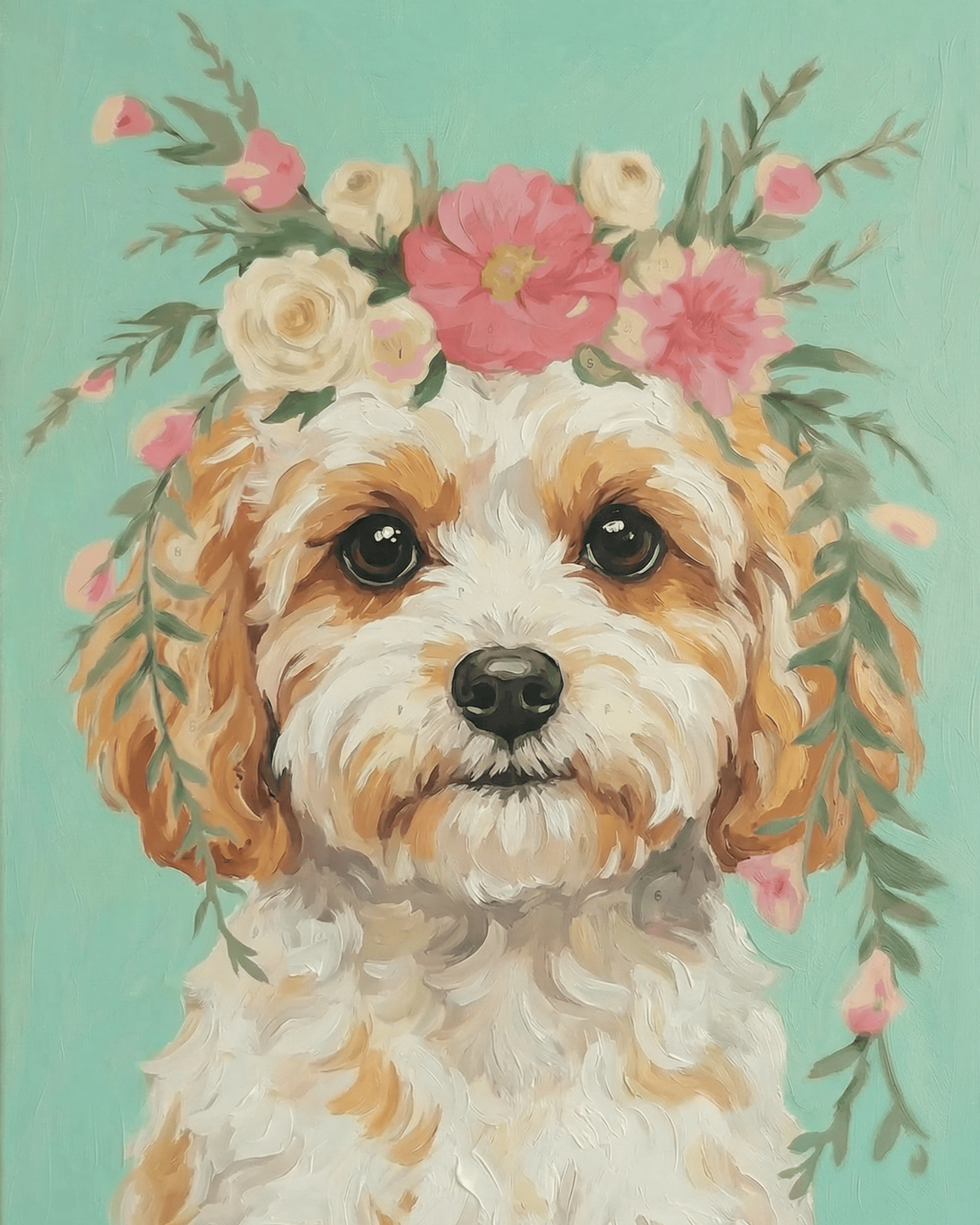 Illustration of a dog cavachon with a floral crown on a light blue background