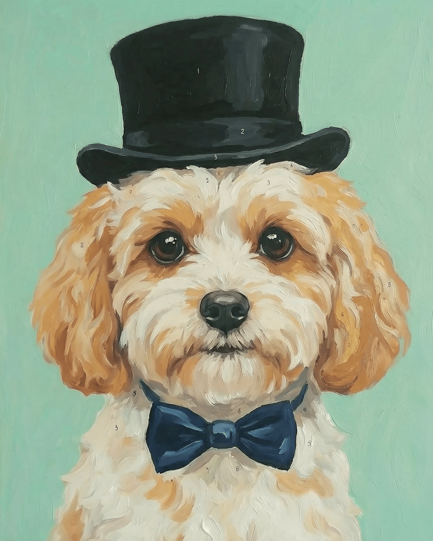 Dog cavachon wearing a black top hat and blue bow tie on a light green background