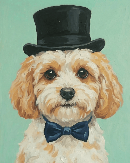 Dog cavachon wearing a black top hat and blue bow tie on a light green background