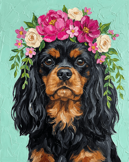 Cavalier King Charles Spaniel - Black & Tan | "Blooming Pets" Original Paint by Numbers (16"x20" / 40x50cm)