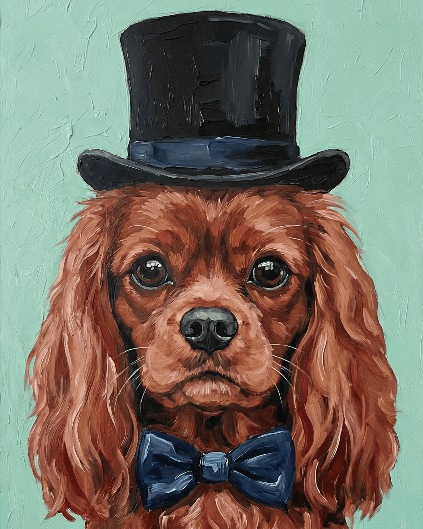 Dog wearing a top hat and bow tie on a teal background