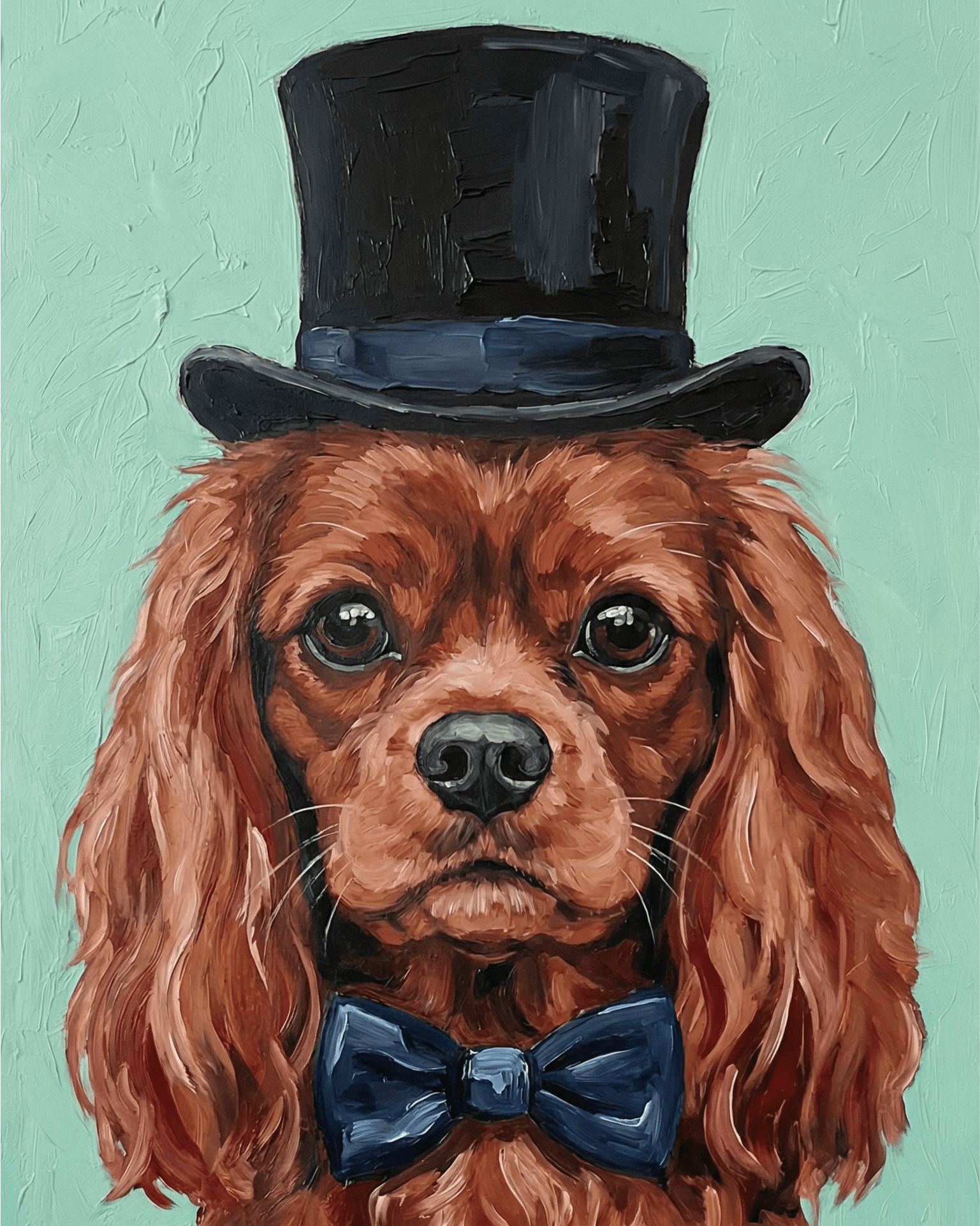 Dog wearing a top hat and bow tie on a teal background